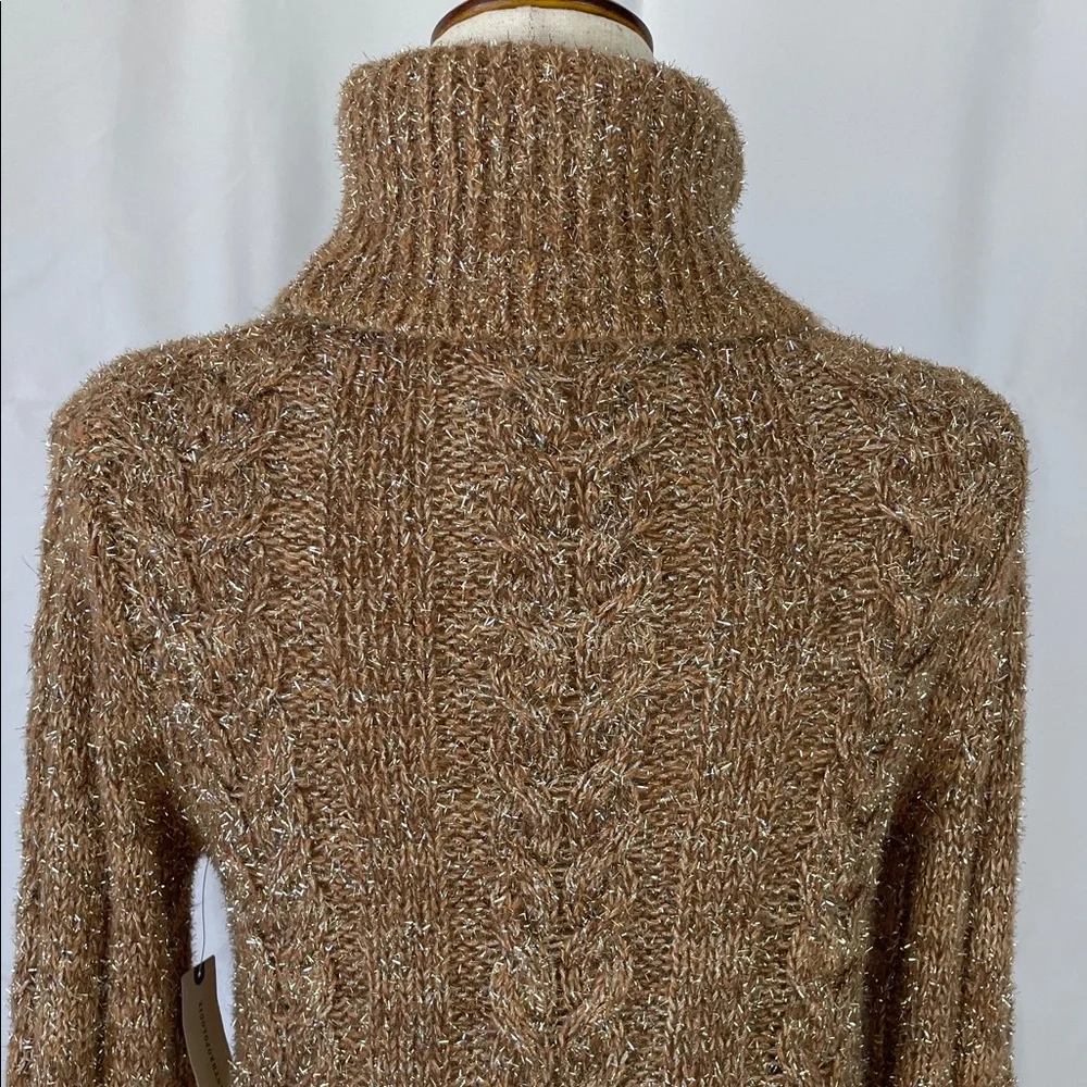 NWT Anthropologie Tan & Silver Tinsel Festive Cowl Neck Cropped Sweater - Medium - Picture 8 of 14